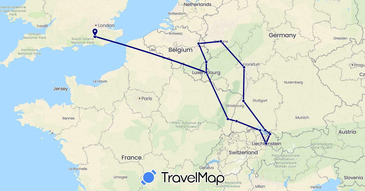 TravelMap itinerary: driving in Austria, Belgium, Switzerland, Germany, France, United Kingdom, Liechtenstein, Luxembourg, Netherlands (Europe)